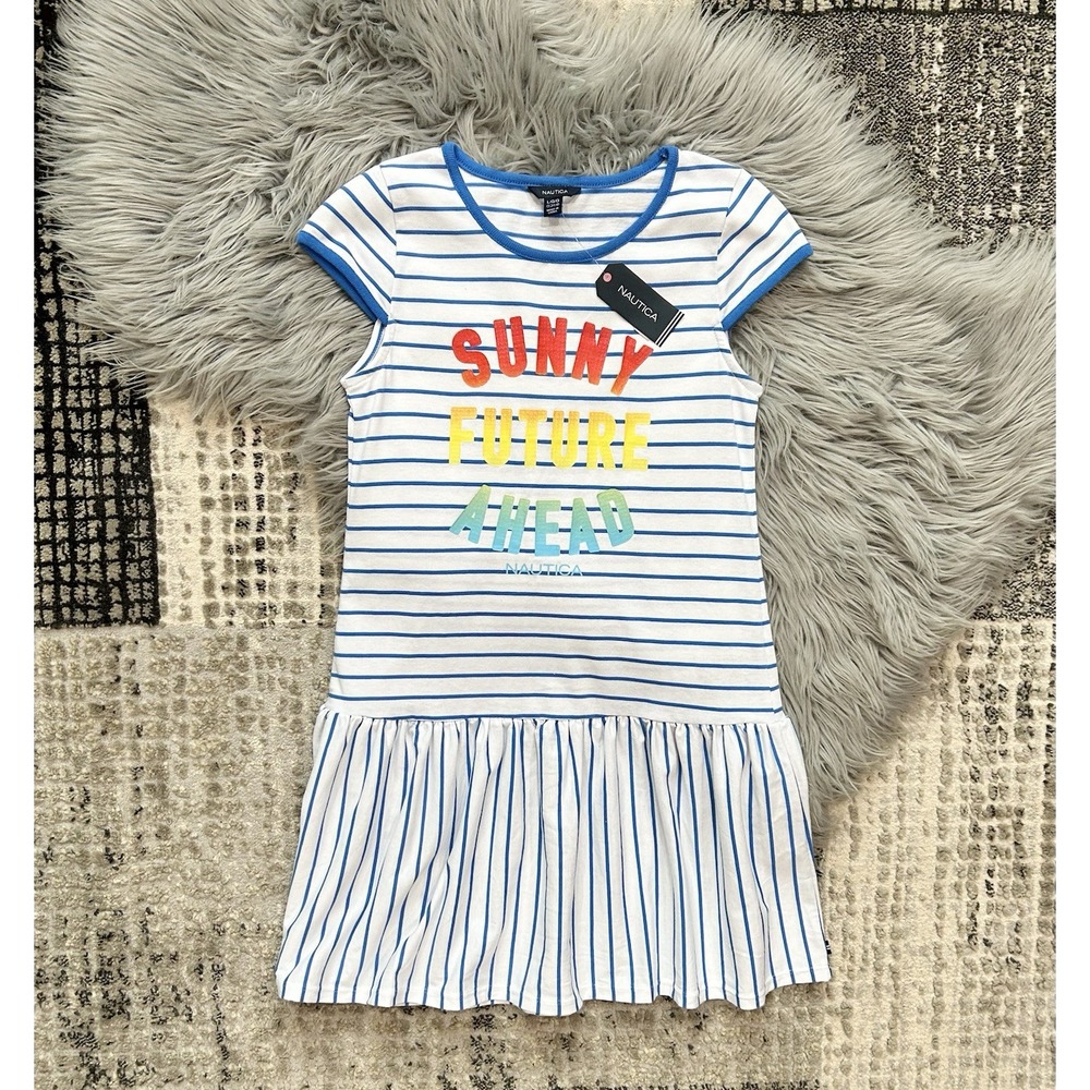 Nautica Girl's Cap-Sleeve Dress White Blue Multi-Color Size Large "Sunny Future"